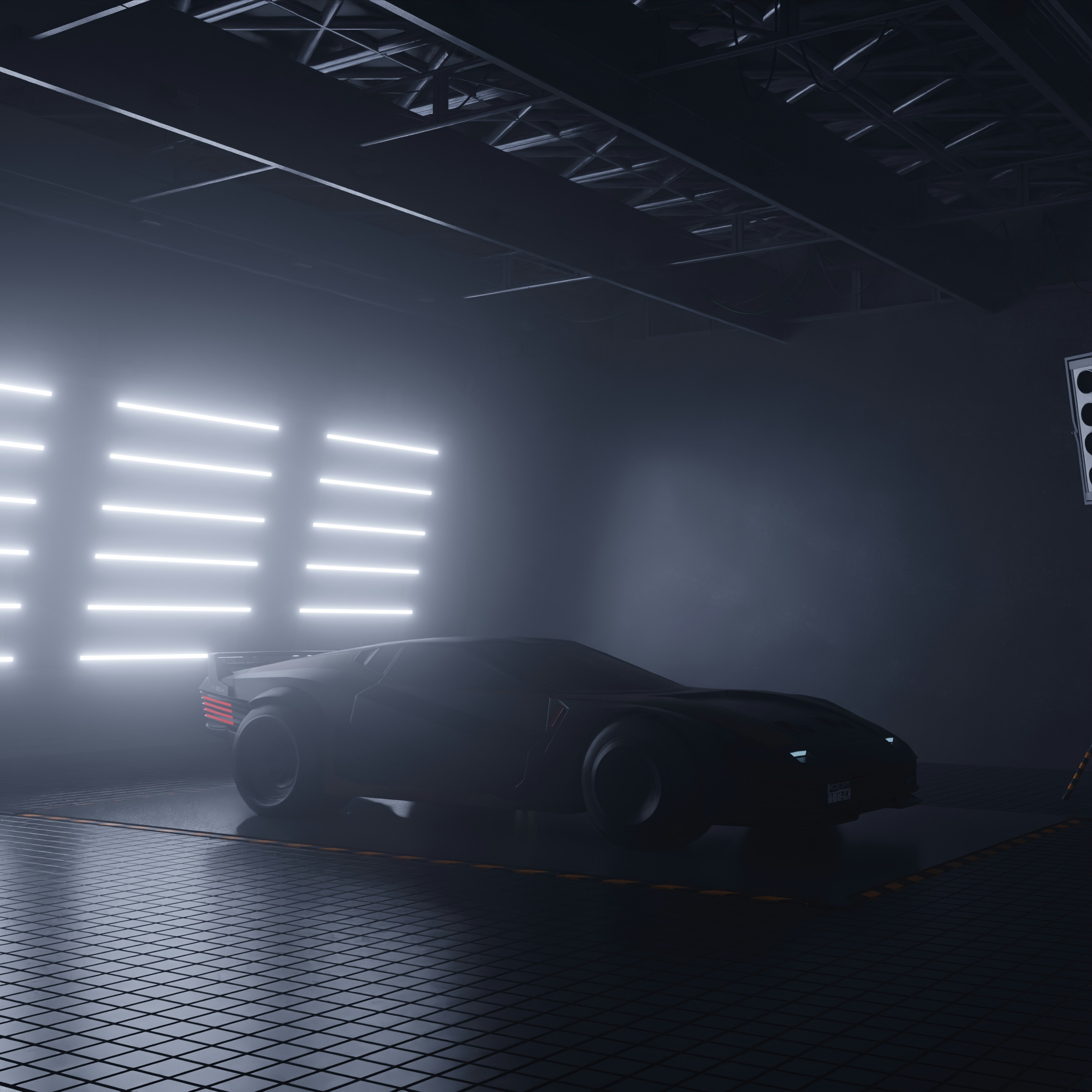 Um carro futurista é iluminado em uma garagem escura.