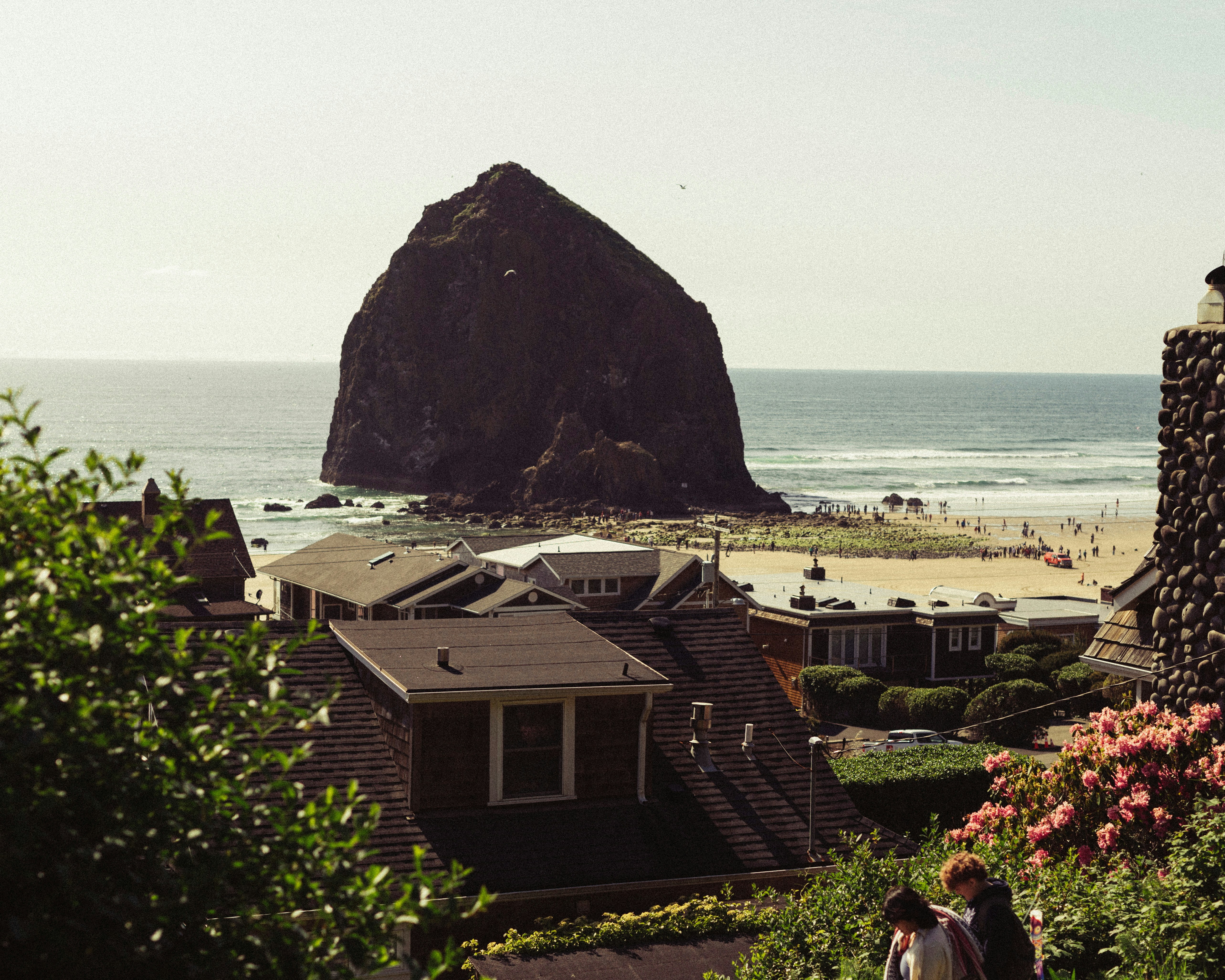 Houses and a large rock formation next to the ocean.