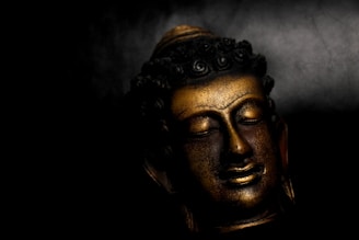 A gold buddha head rests in dark space.