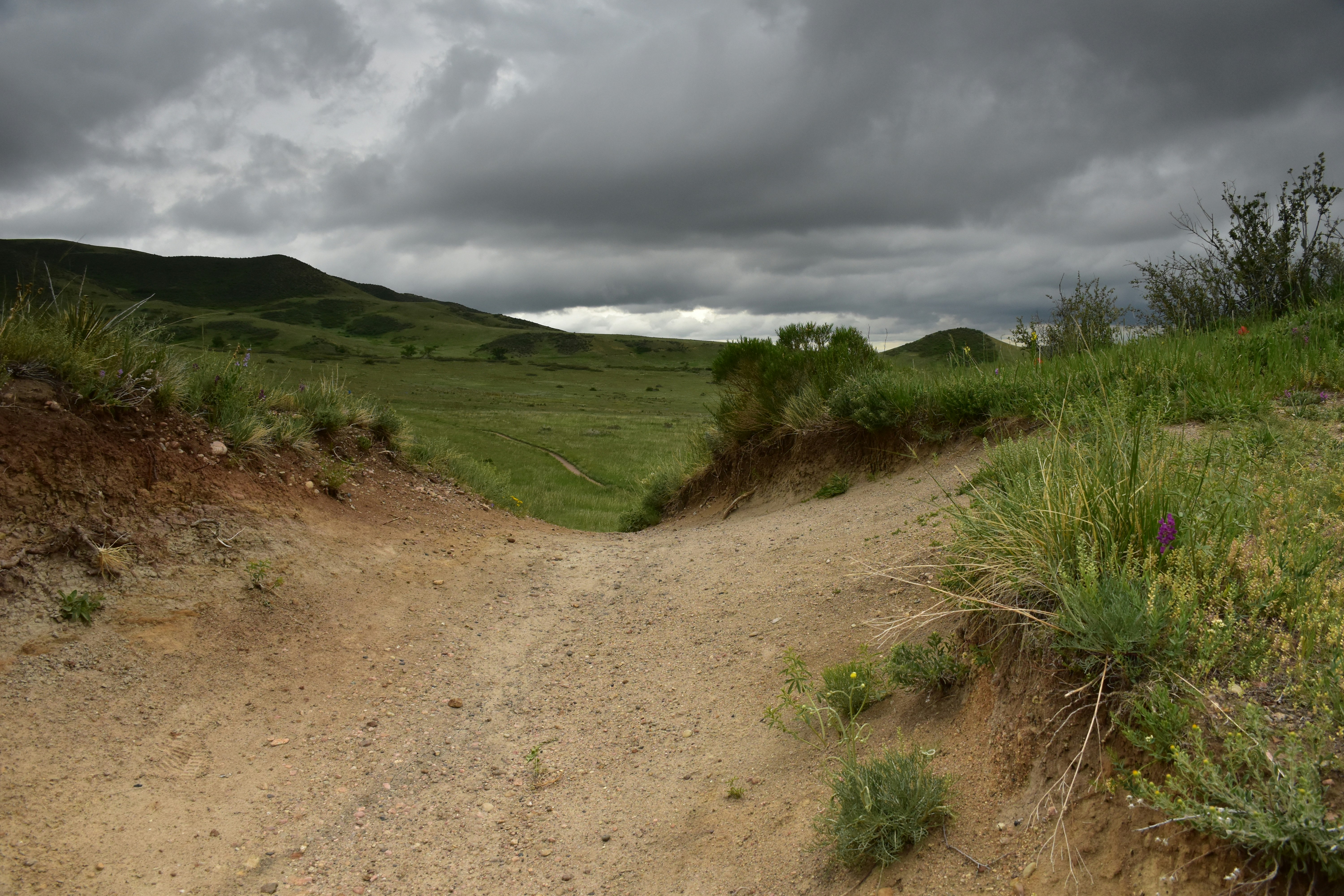 A dusty trail leads into a green valley.