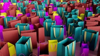 Colorful shopping bags are packed closely together.