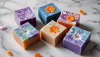 Beautiful handmade soaps in various colors are displayed.