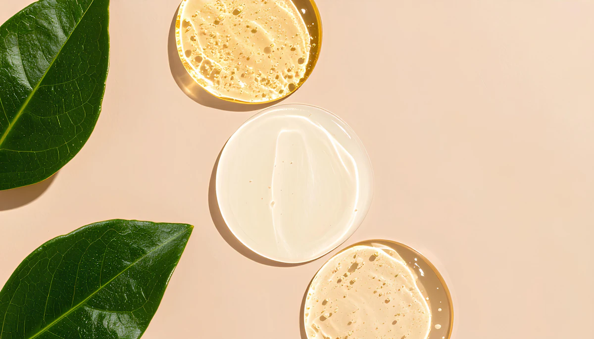 Natural skincare products and green botanical leaves arranged on a beige surface