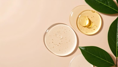 Skincare serums and leaves on a neutral background.