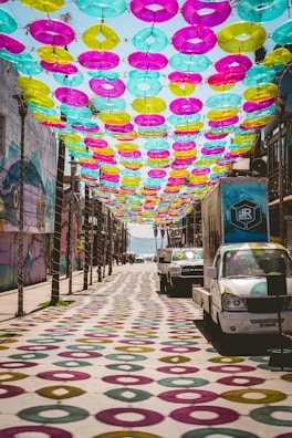 Colorful decorations brighten up a vibrant street.