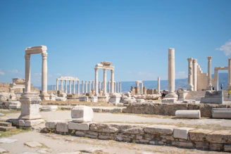 Ancient ruins stand against a bright blue sky.