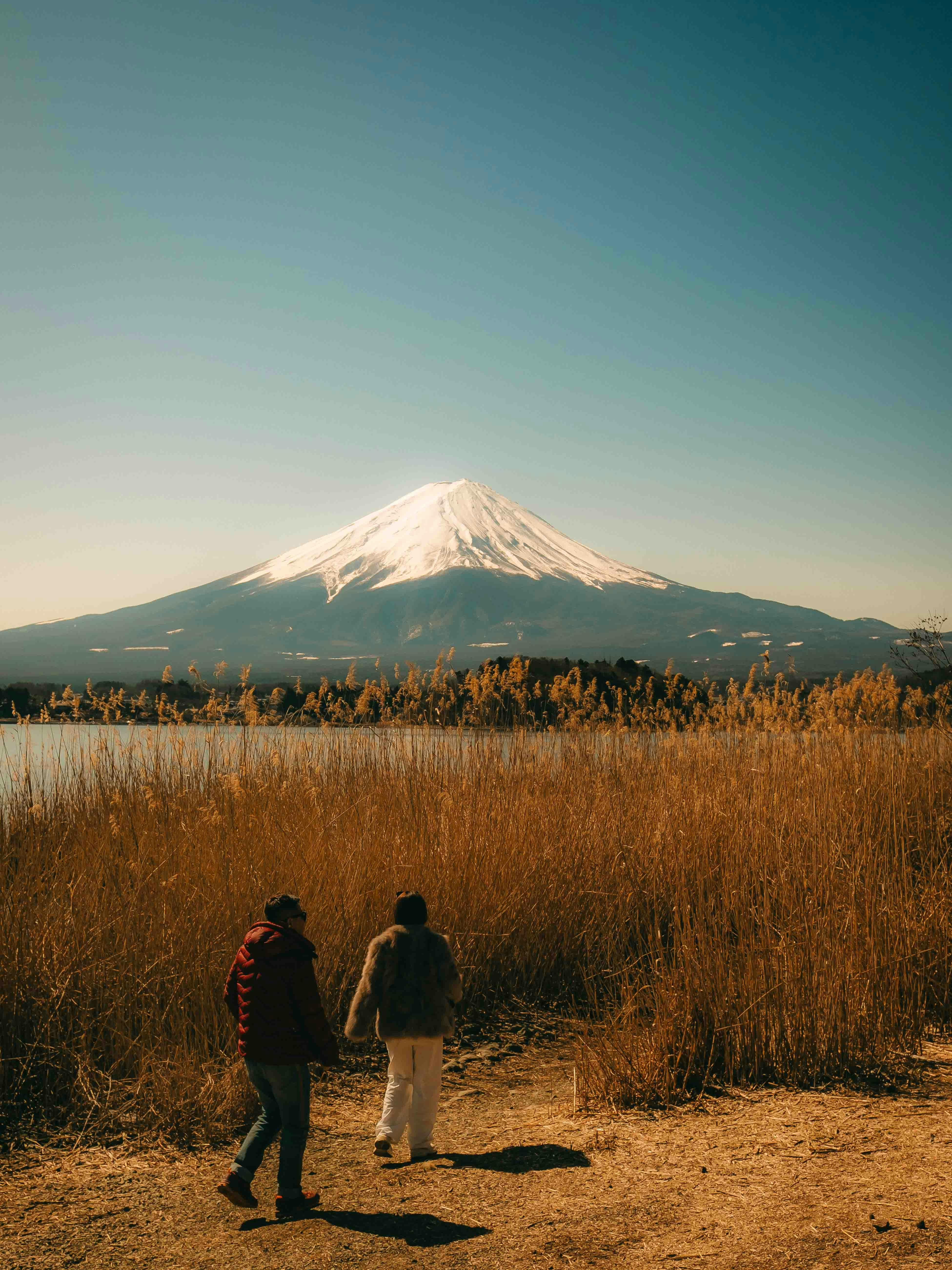 People walk towards mount fuji on a sunny day.
