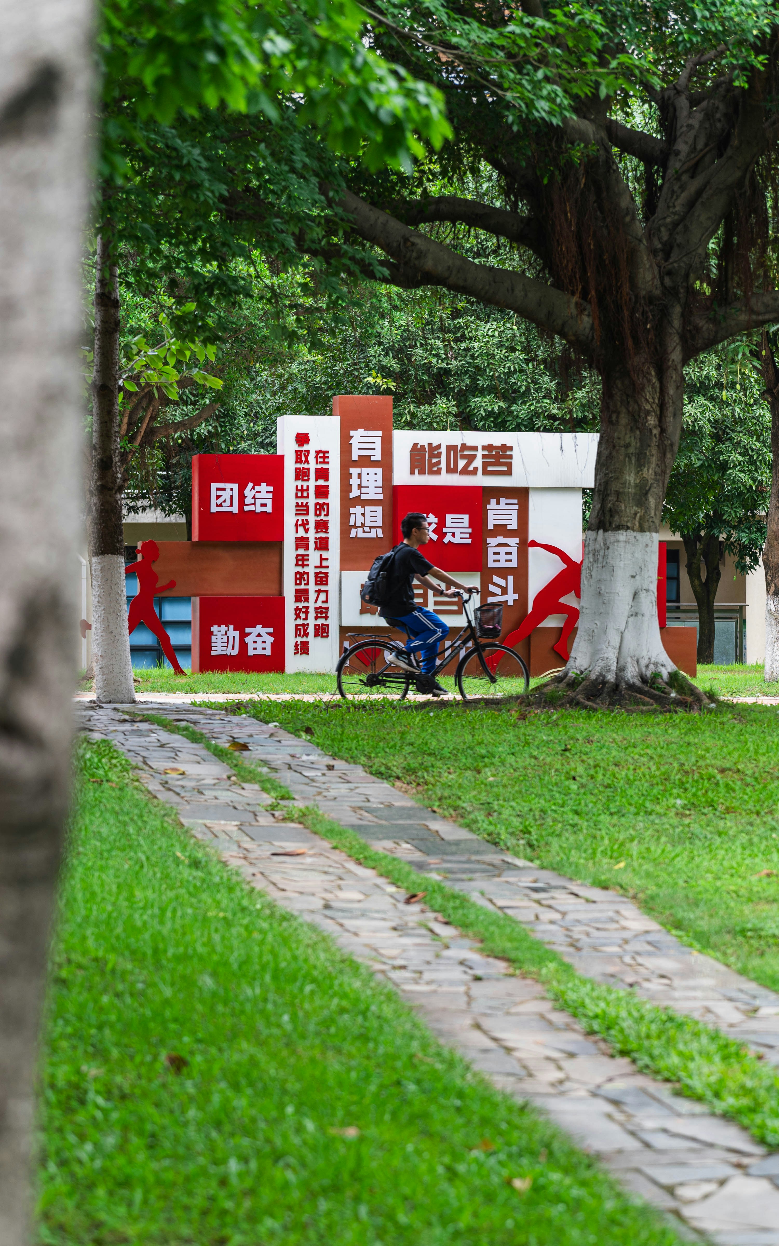 A man rides a bicycle past a sign. photo – Free City Image on Unsplash