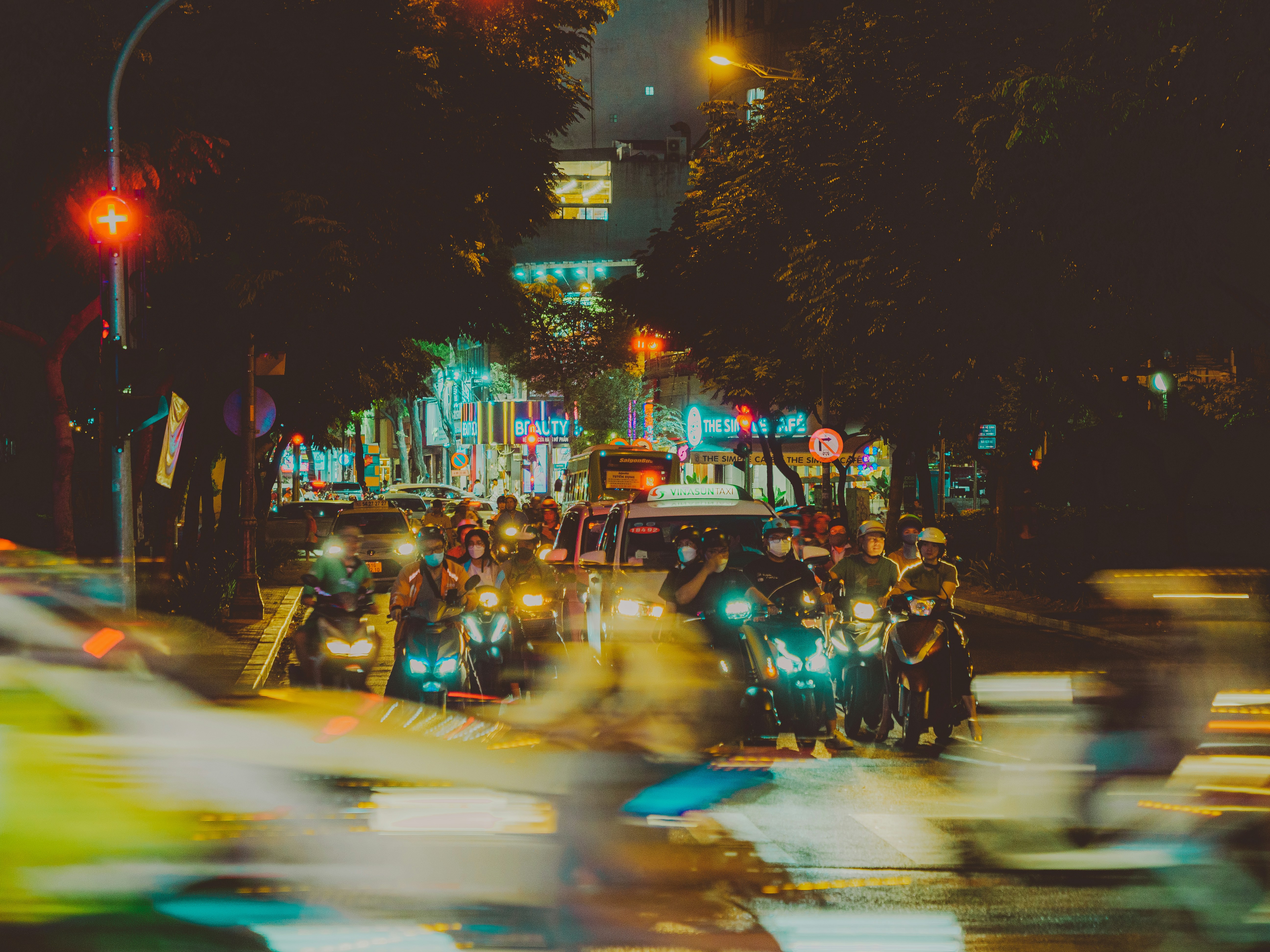 Nighttime traffic jam on a busy city street.