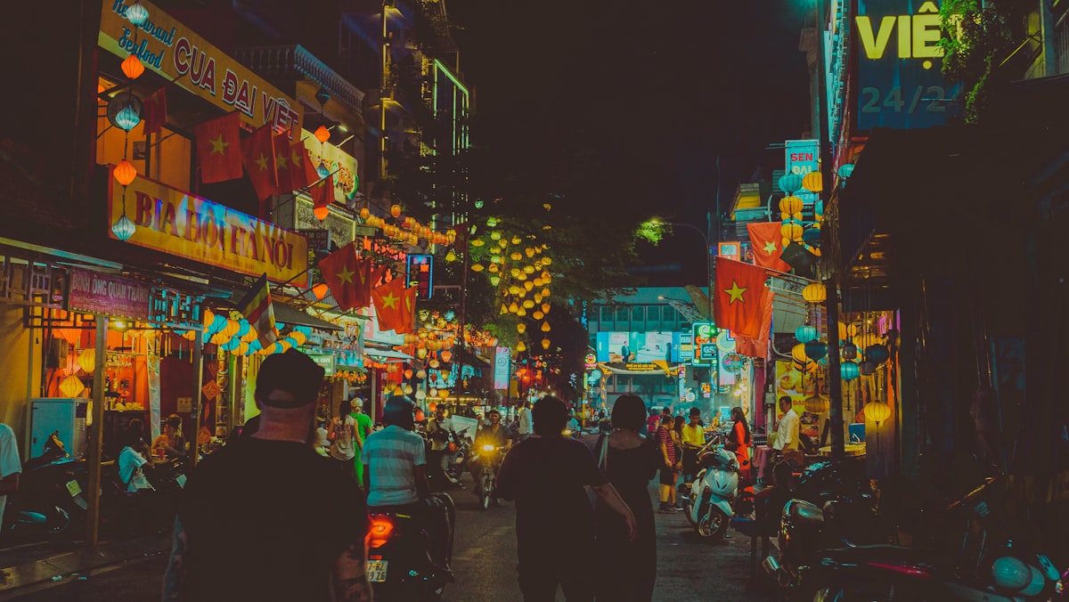 A busy Saigon street at night
