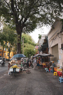 A street scene in a bustling asian city.