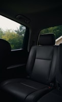 Black leather car seats with outside view.
