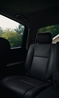 Black leather car seats with outside view.