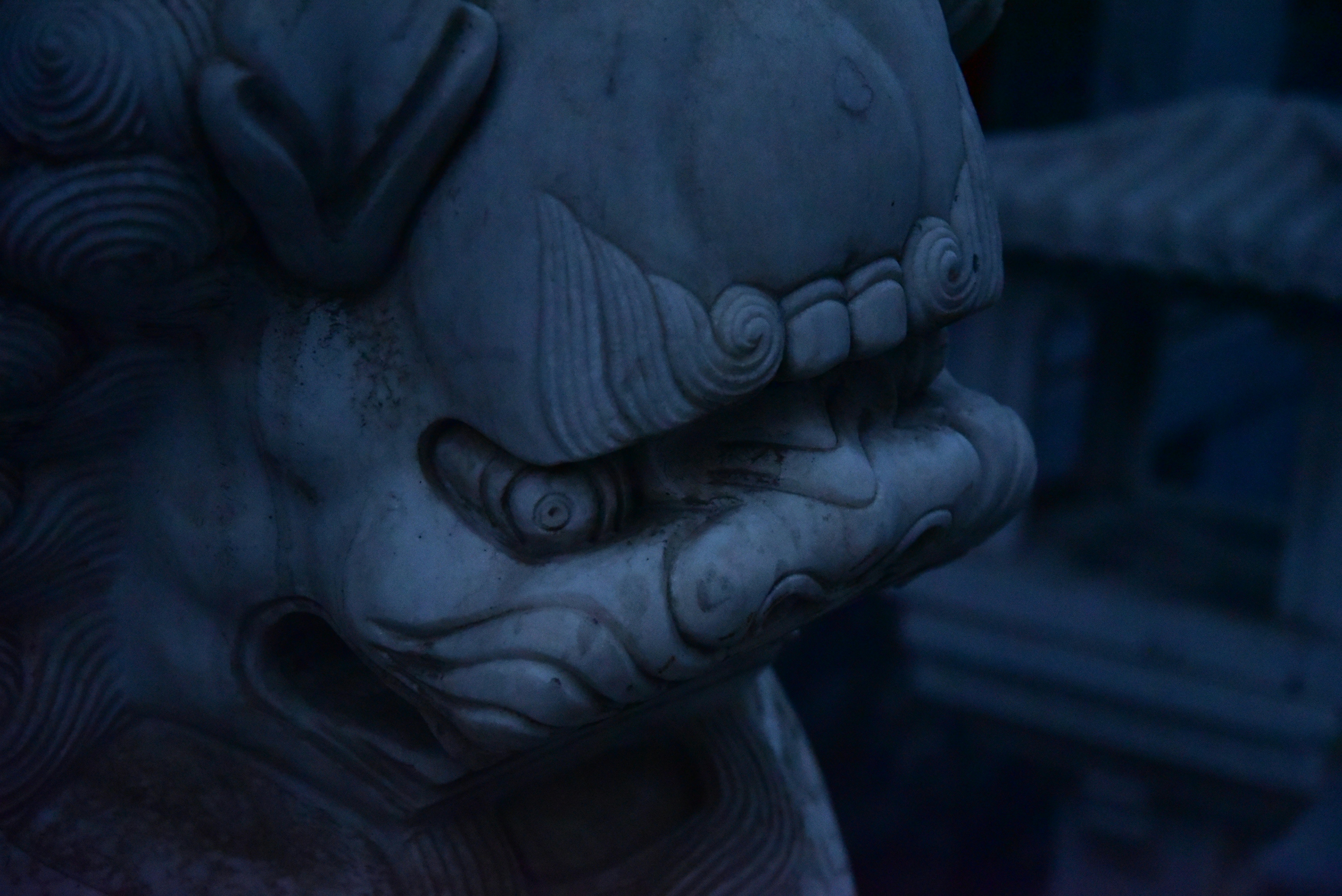 A stone lion sculpture is shown close up.