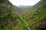A lush, green valley with a flowing stream.