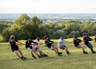People are playing tug-of-war on a grassy hillside.