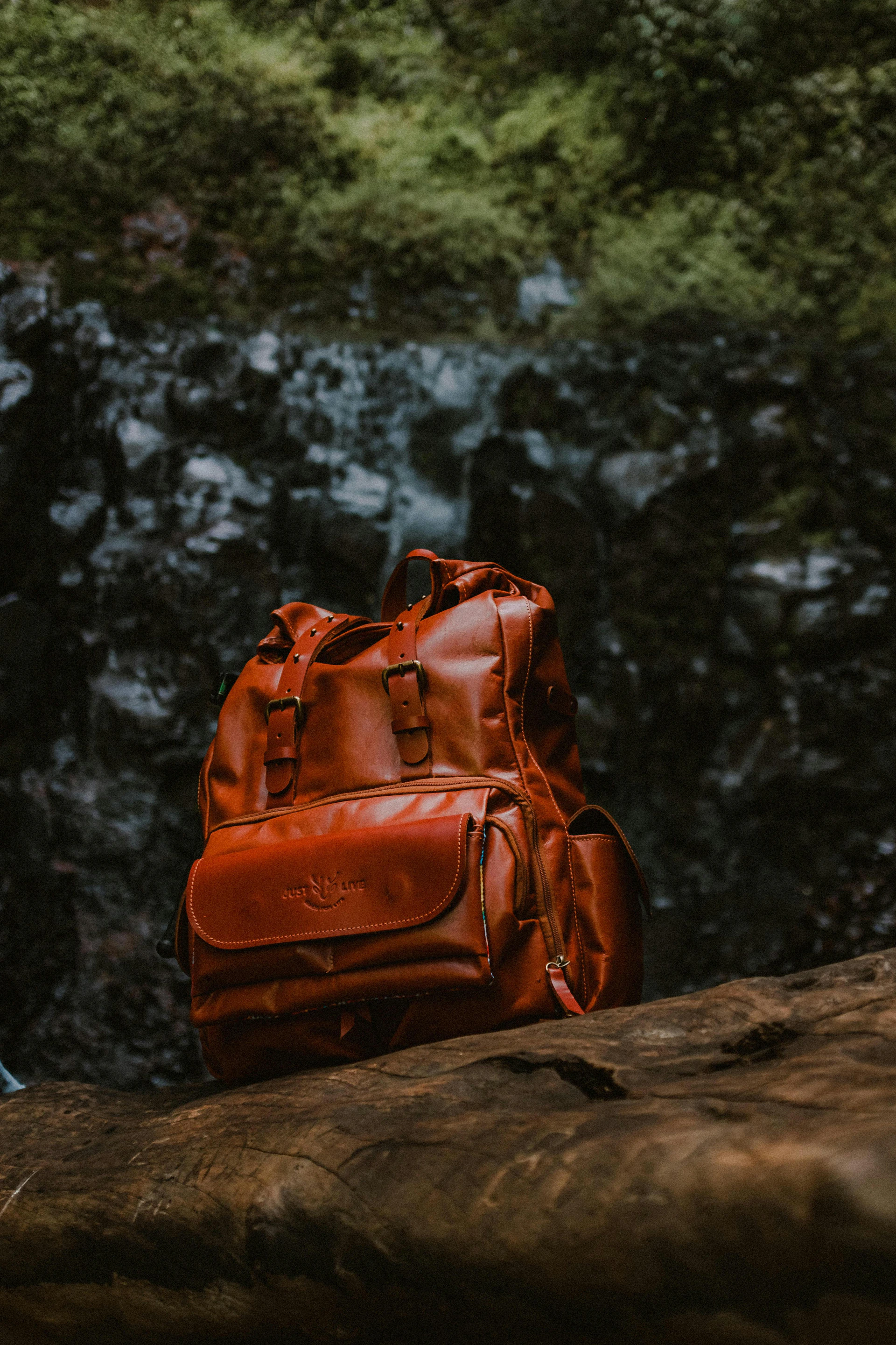A leather backpack sits ready for adventure.
