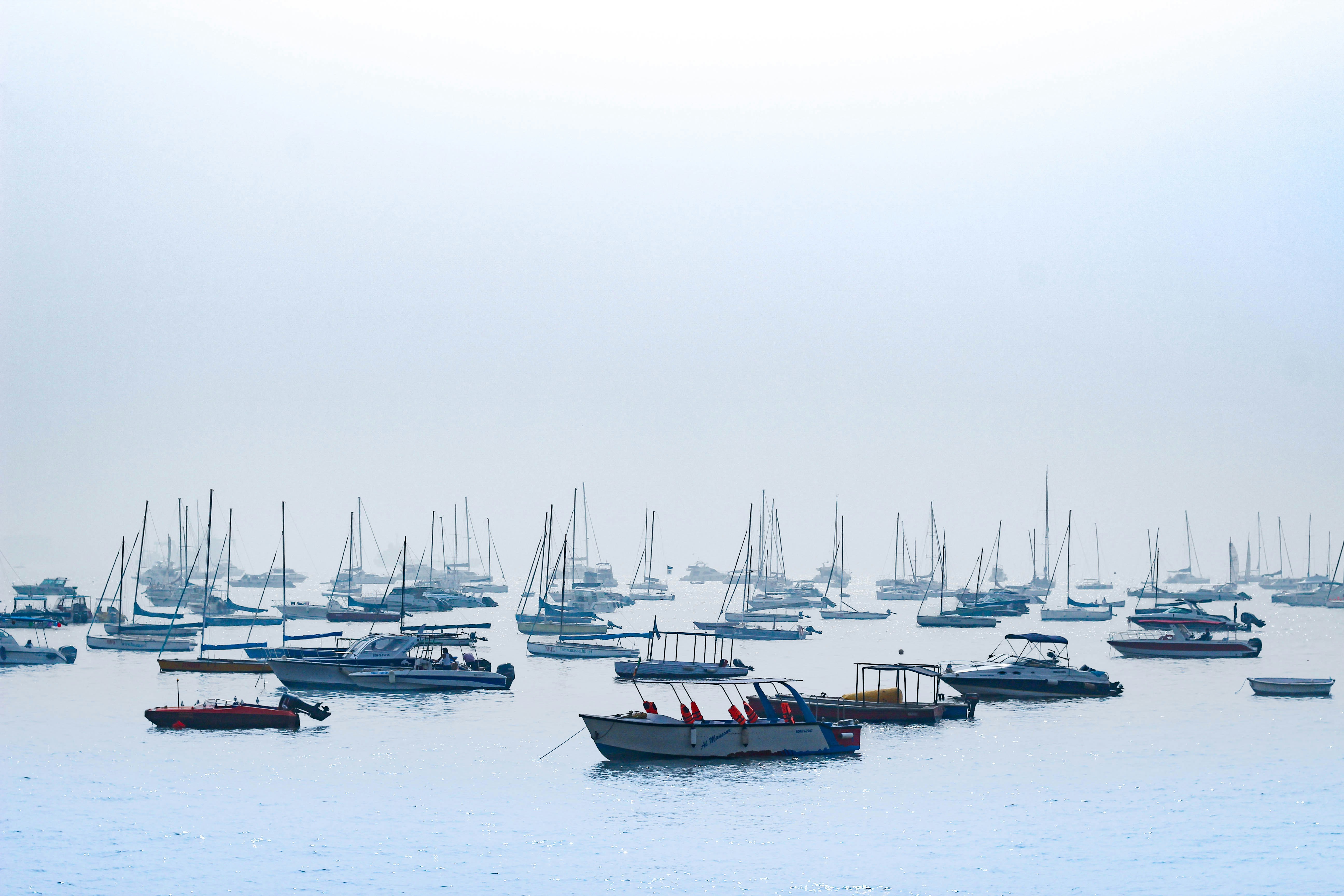 Boats and sailboats scattered on a foggy sea.