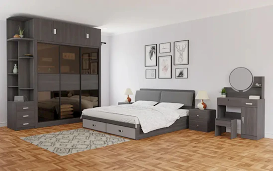 A modern bedroom with furniture and decor