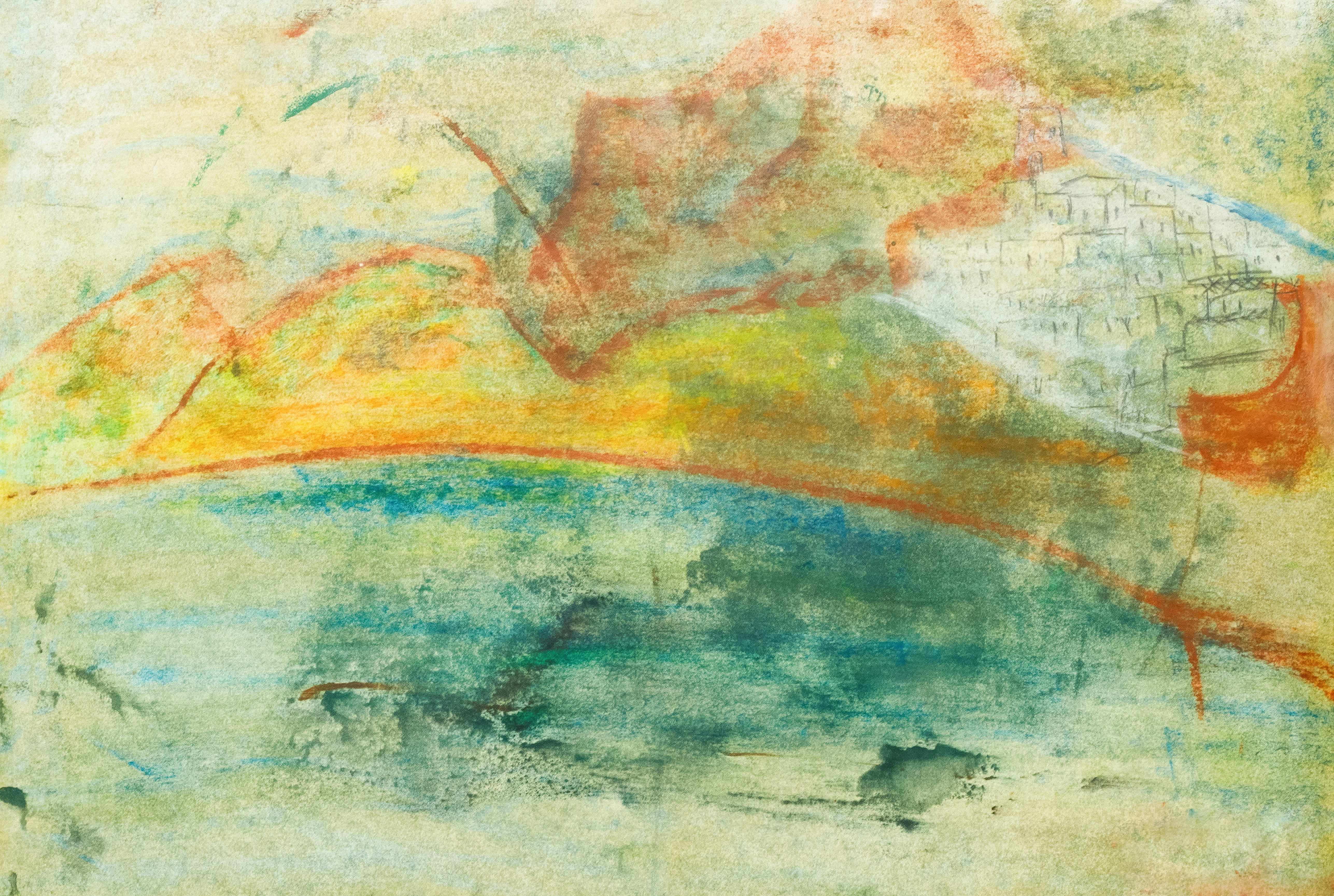 Abstract watercolor painting with earthy and ocean tones