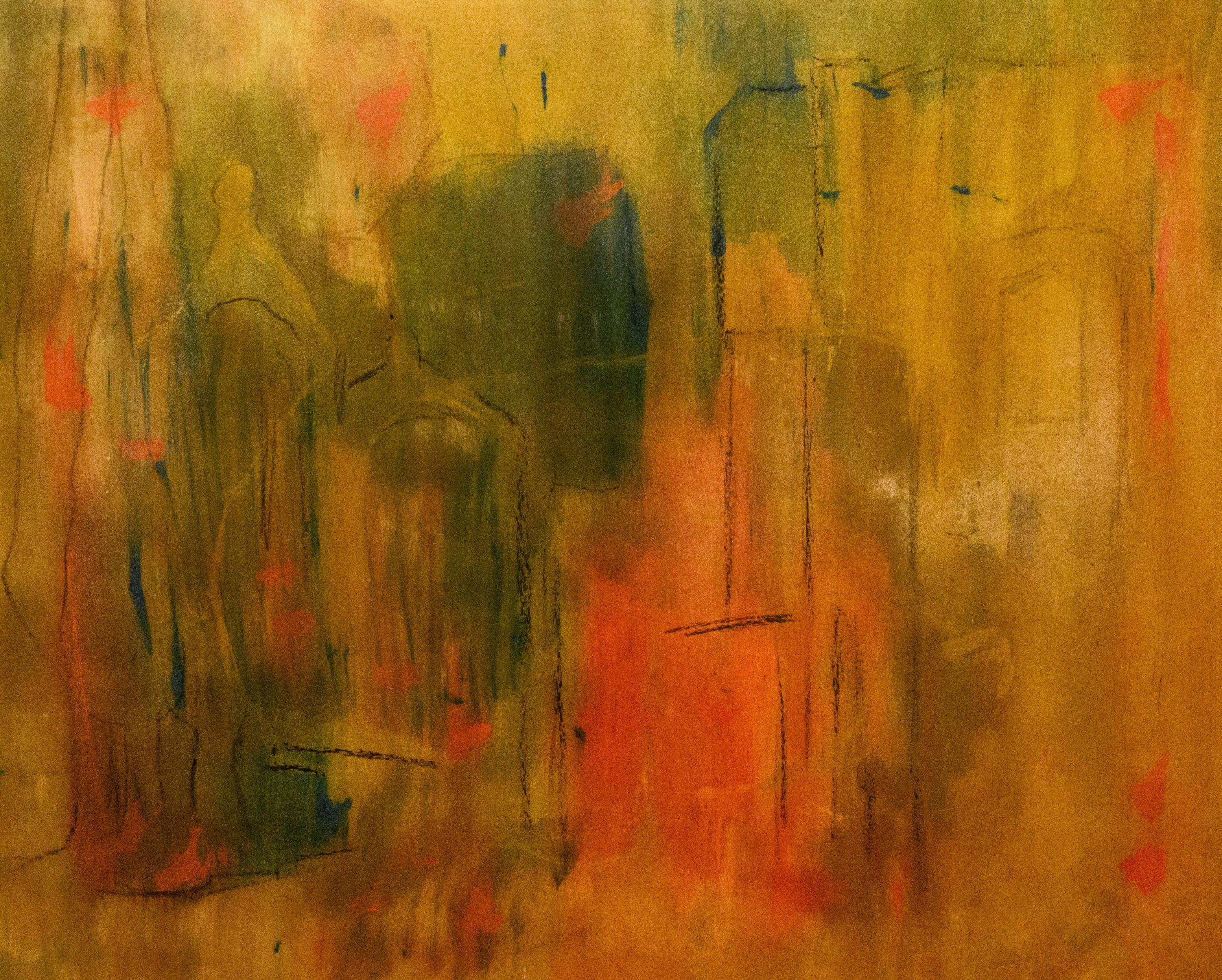 Abstract painting with muted colors and textured brushstrokes.