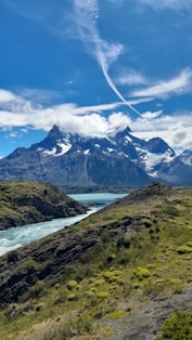 Mountains, water, and blue sky make a stunning landscape.