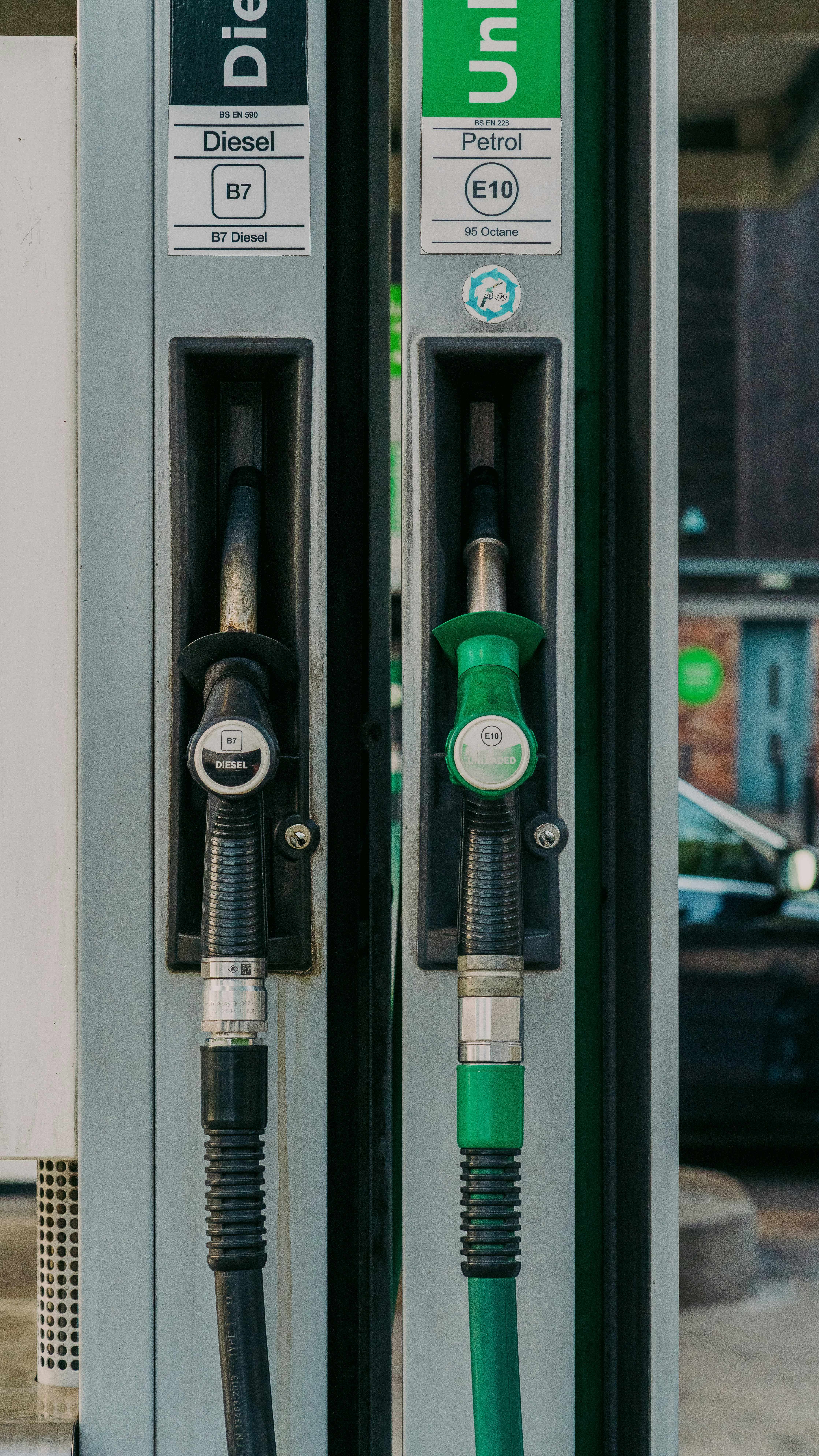 Fuel pumps dispensing diesel and petrol.