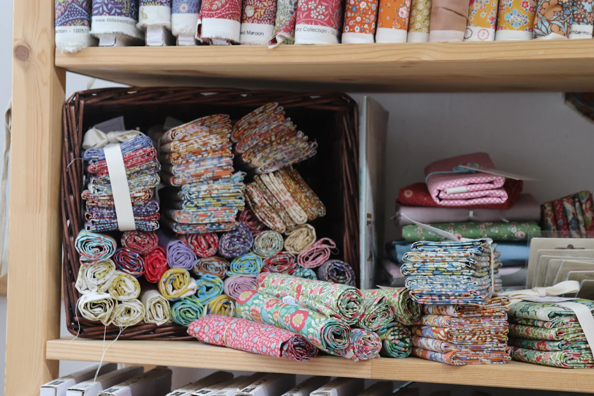 Rak toko tekstil berisi gulungan kain aneka warna dan motif berjajar