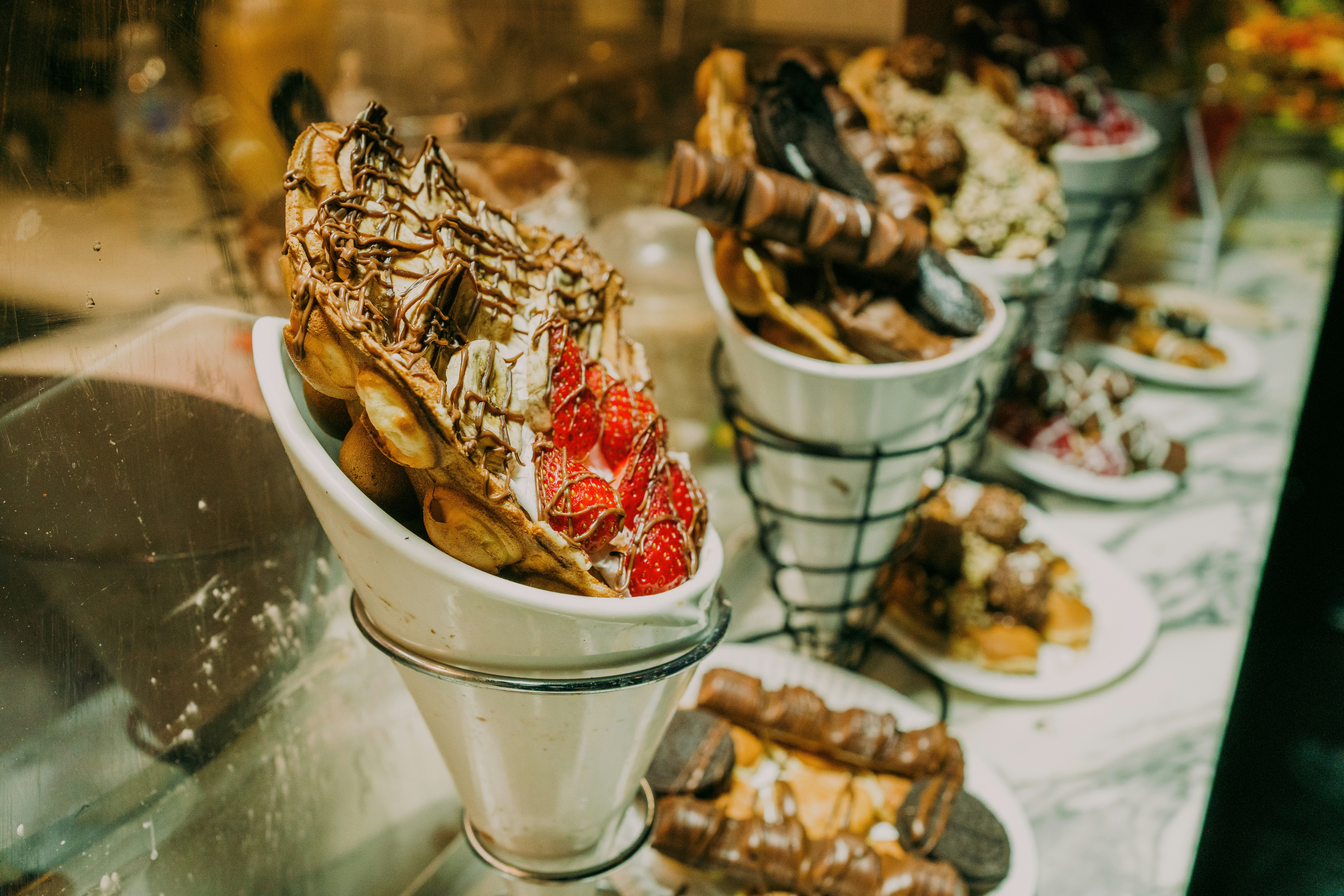 Delicious bubble waffles with toppings are on display.