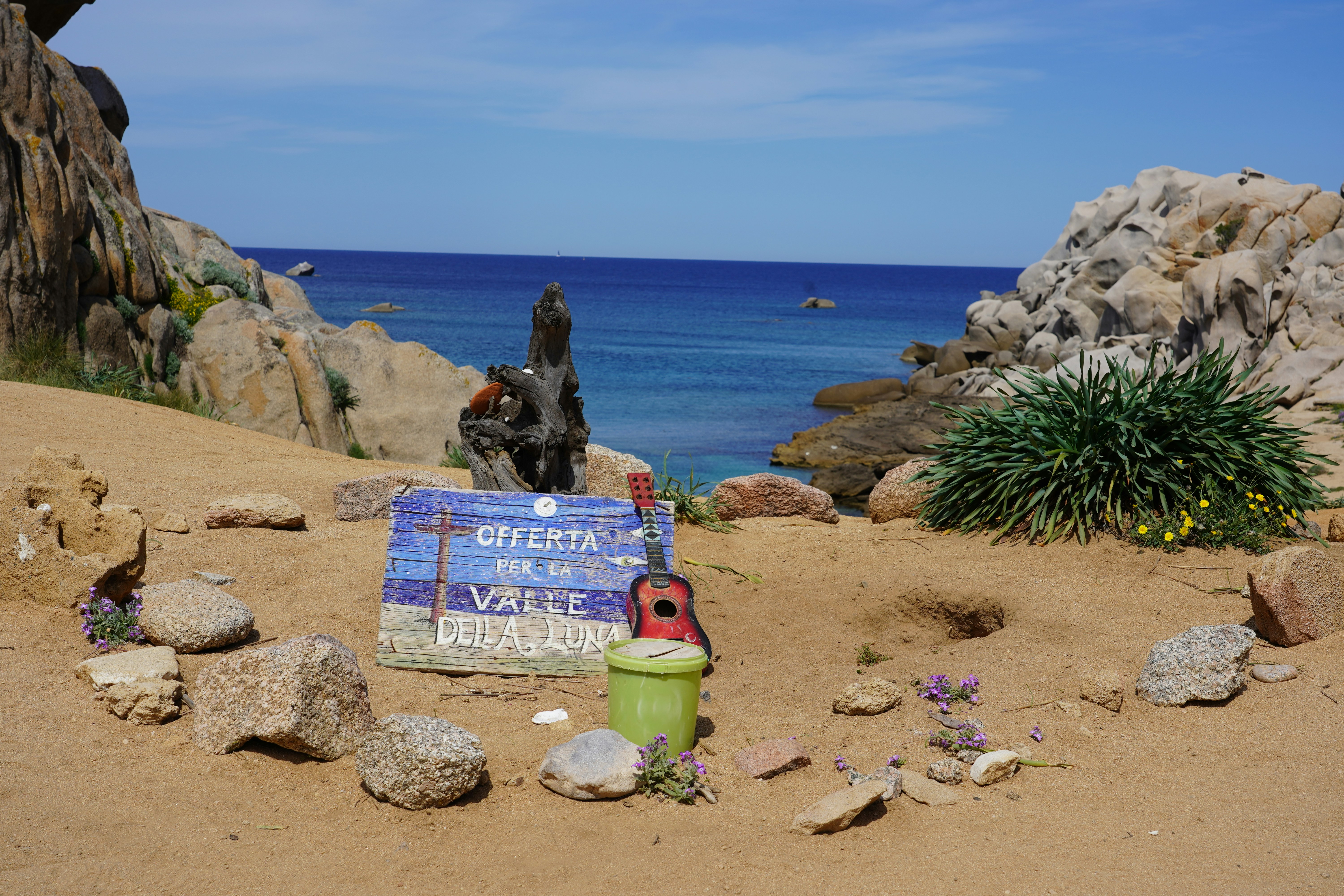 Une scène de plage avec océan et signe.