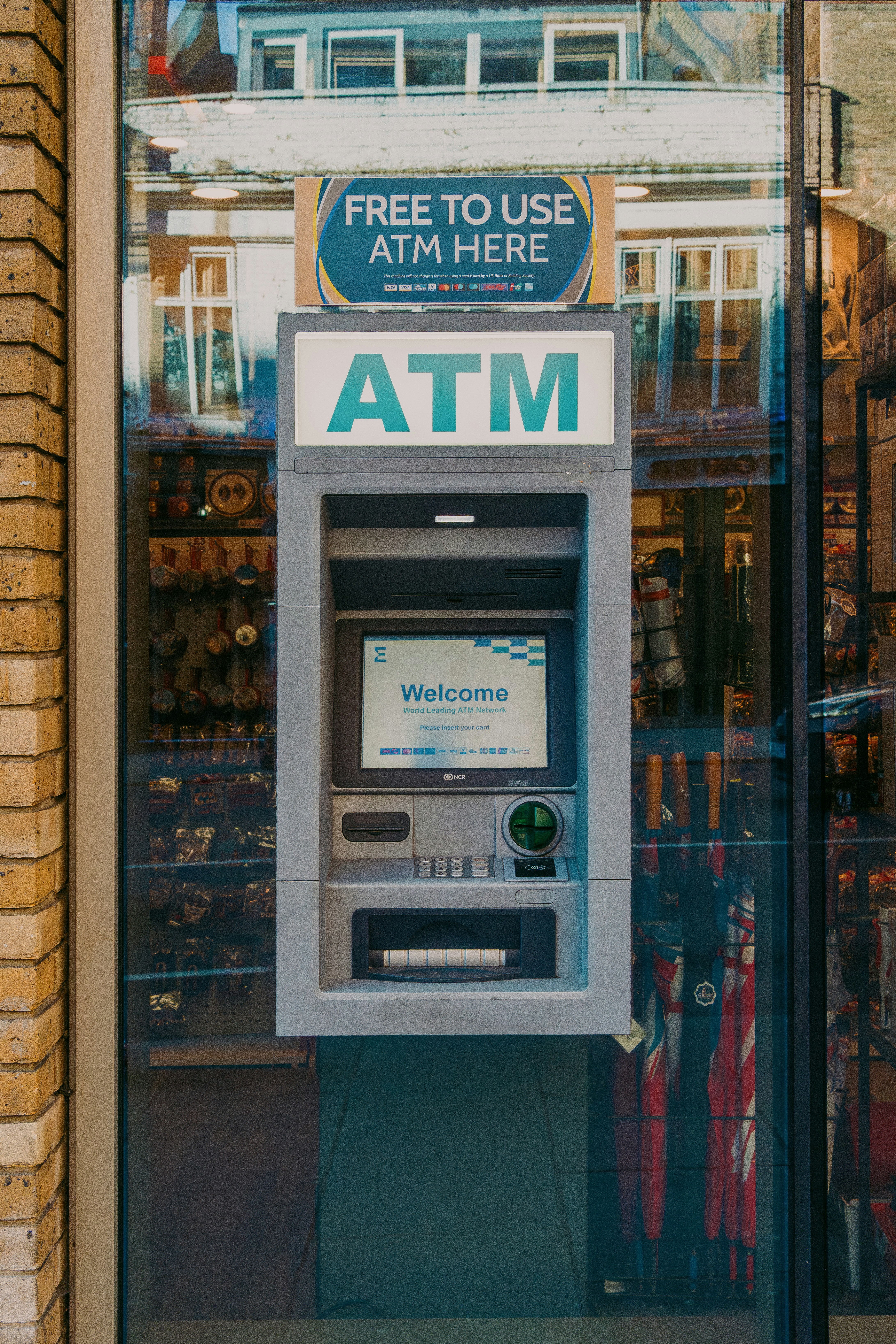 Free-to-use ATM machine on a London street