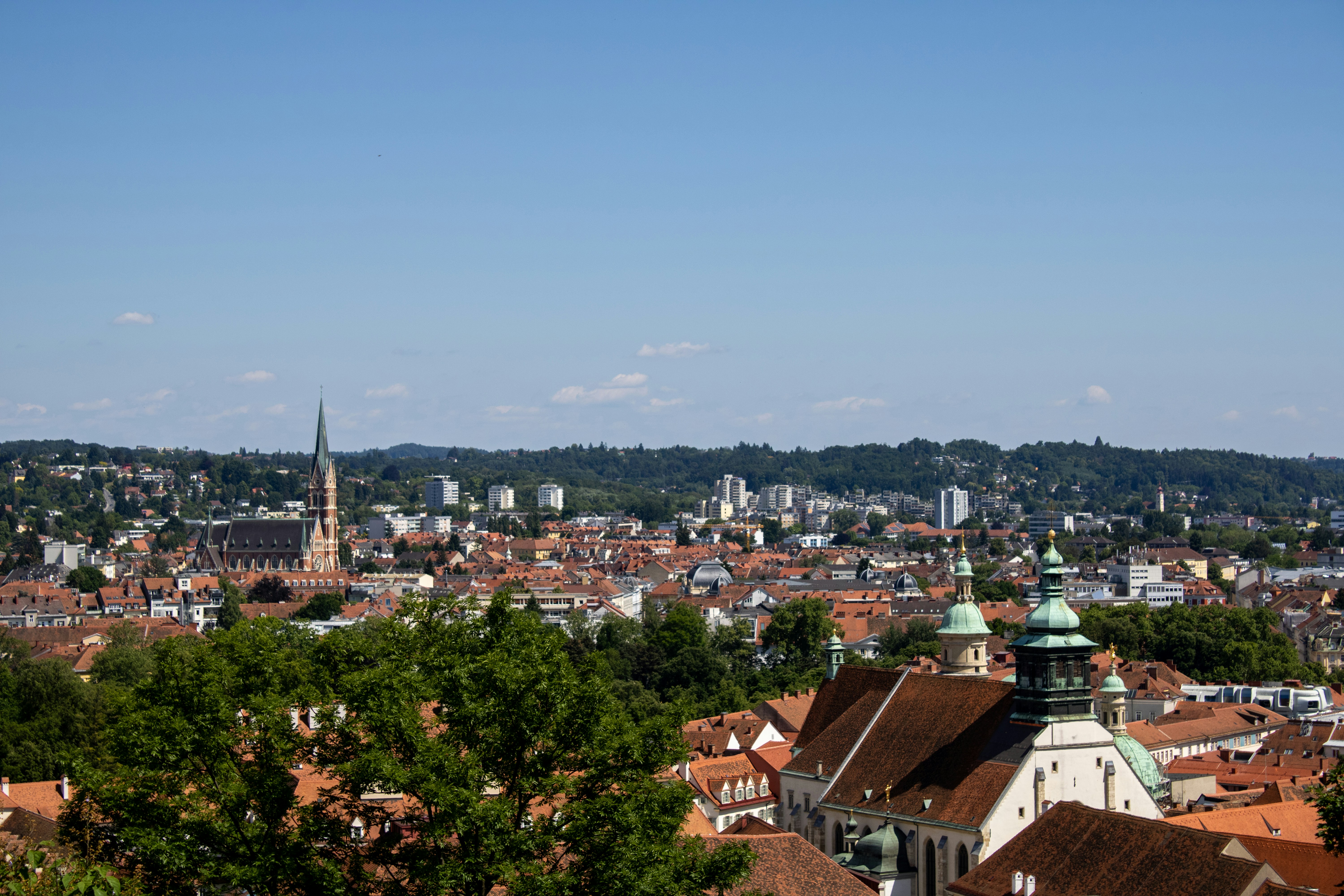 Cityscape panorama with blue sky.