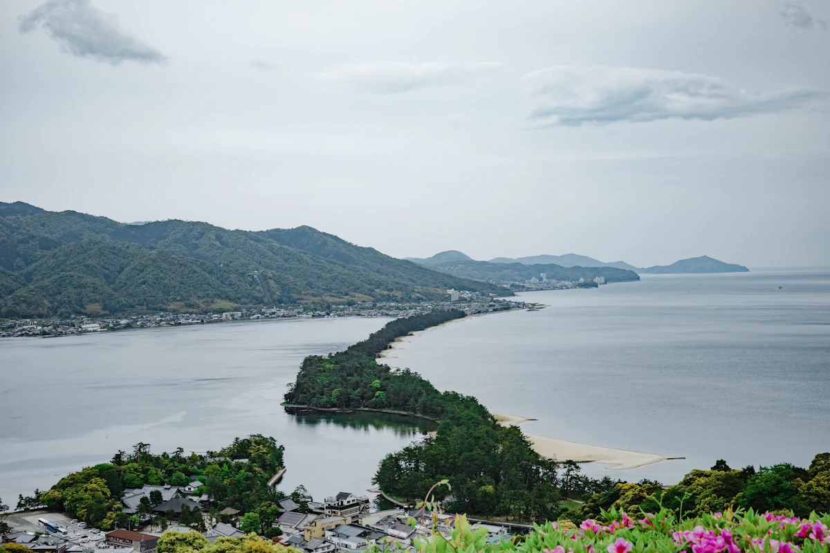 The Amanohashidate sandbar stretching across the bay