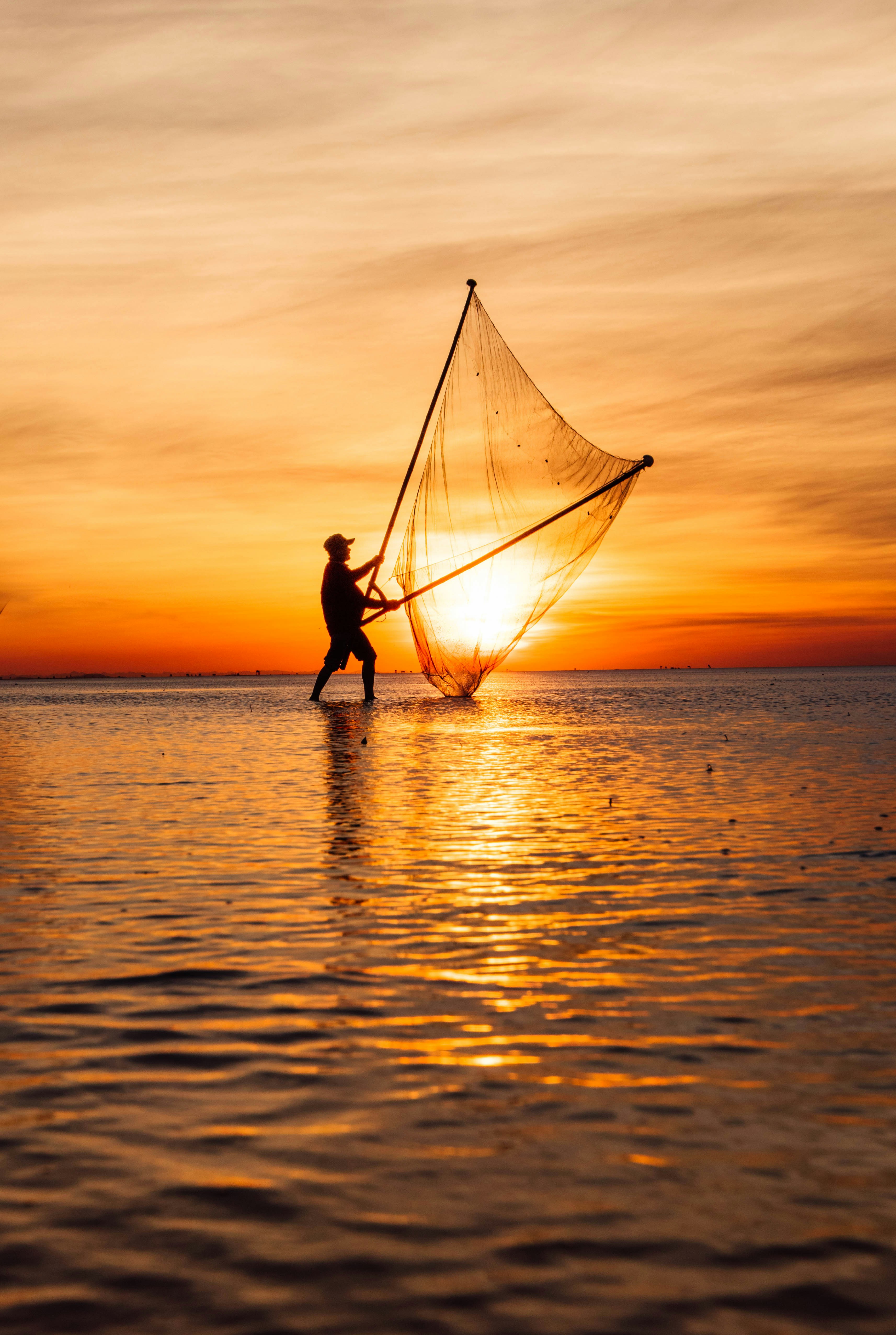 Fisherman casts a net at sunset over the water.