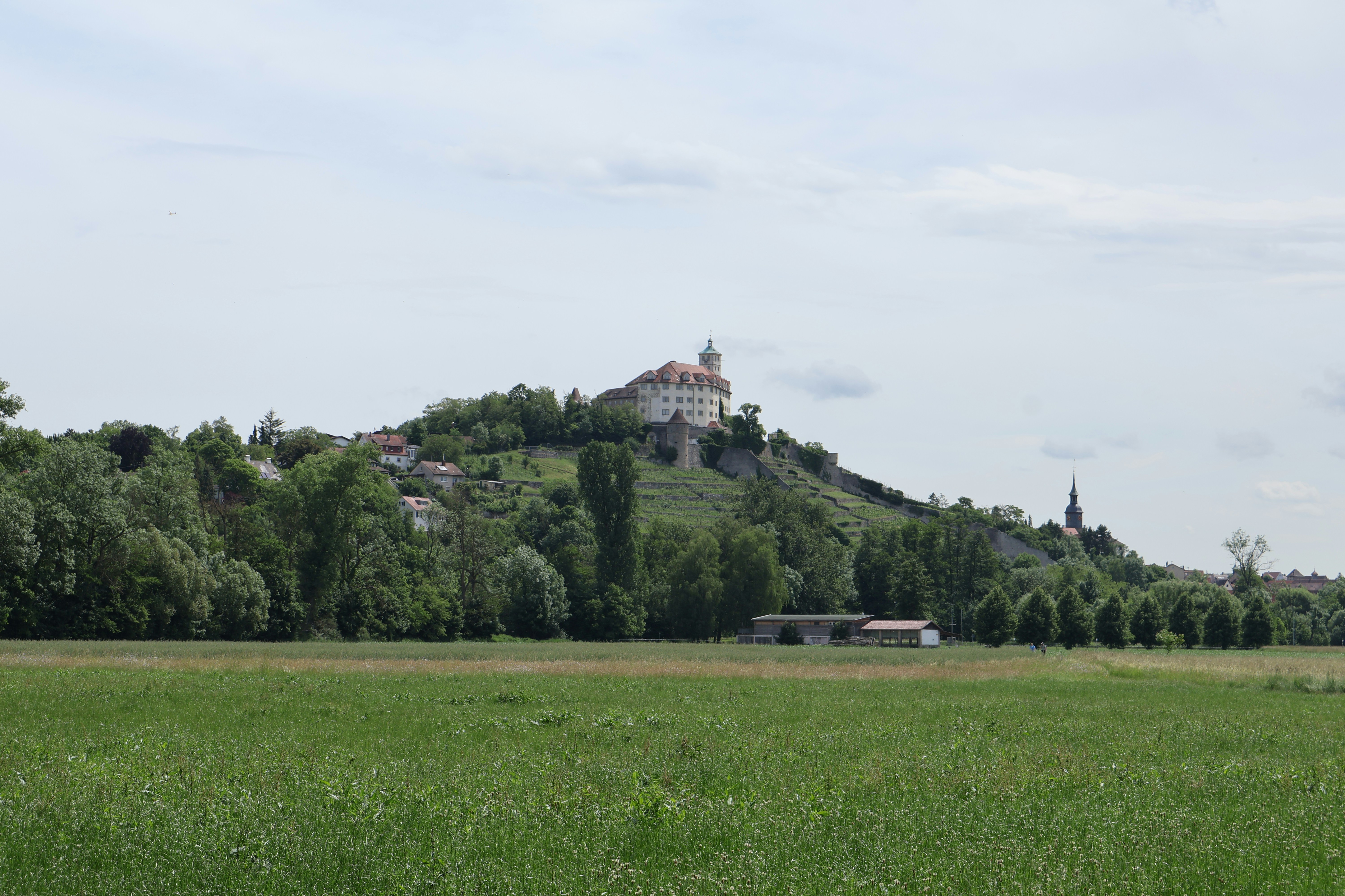 A castle sits atop a grassy hill.