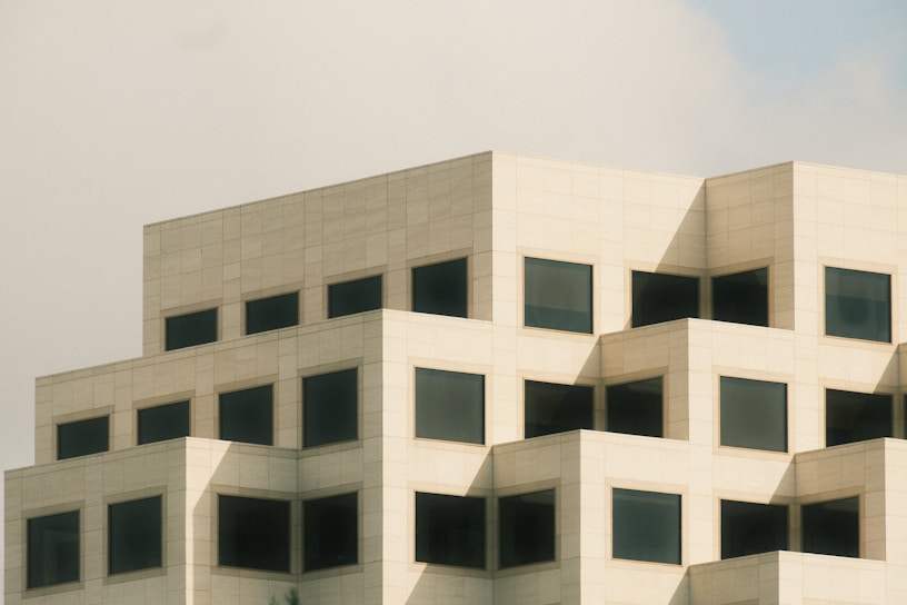 Modern architecture with boxy, angular structure.