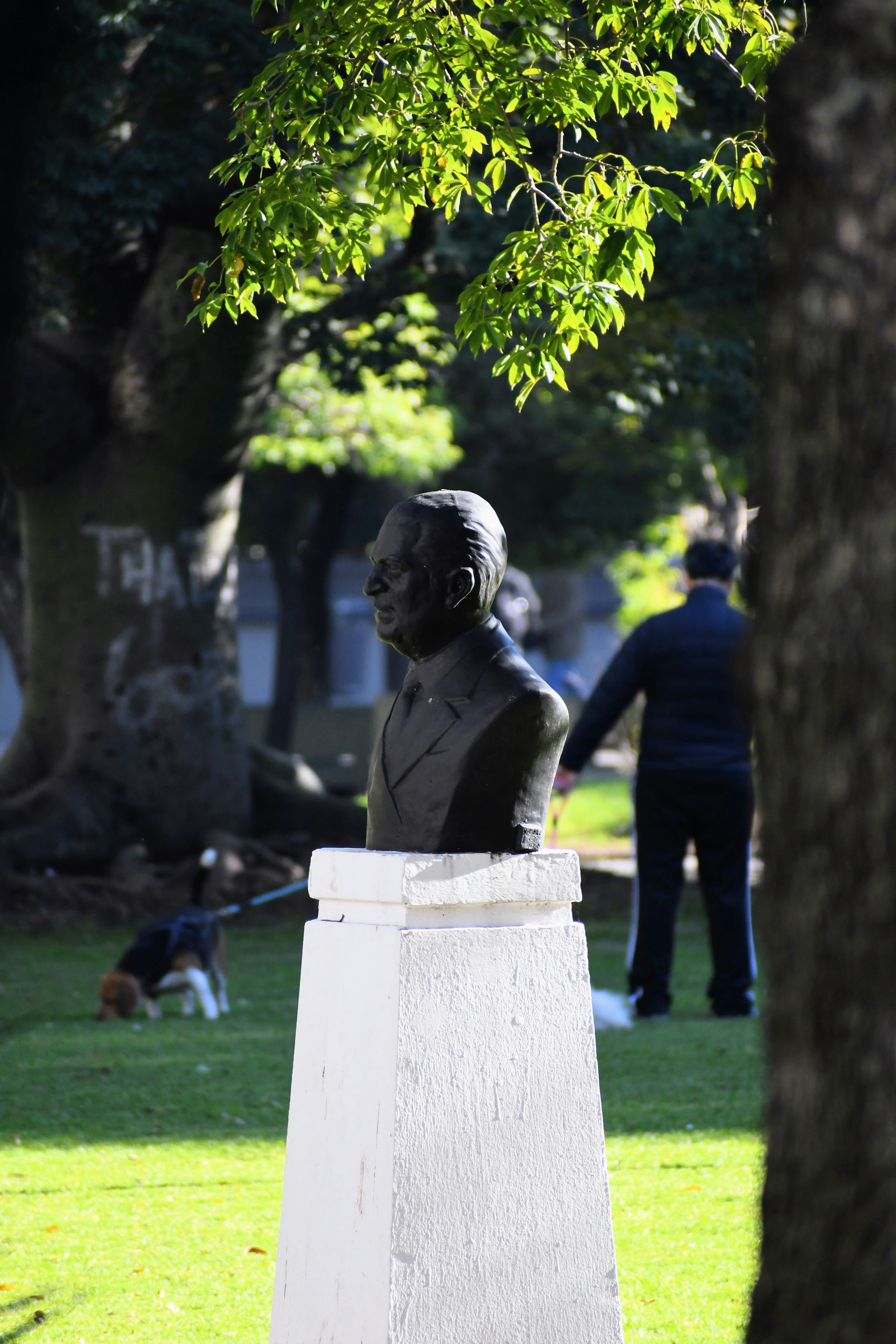 Statue in a park with people and trees.