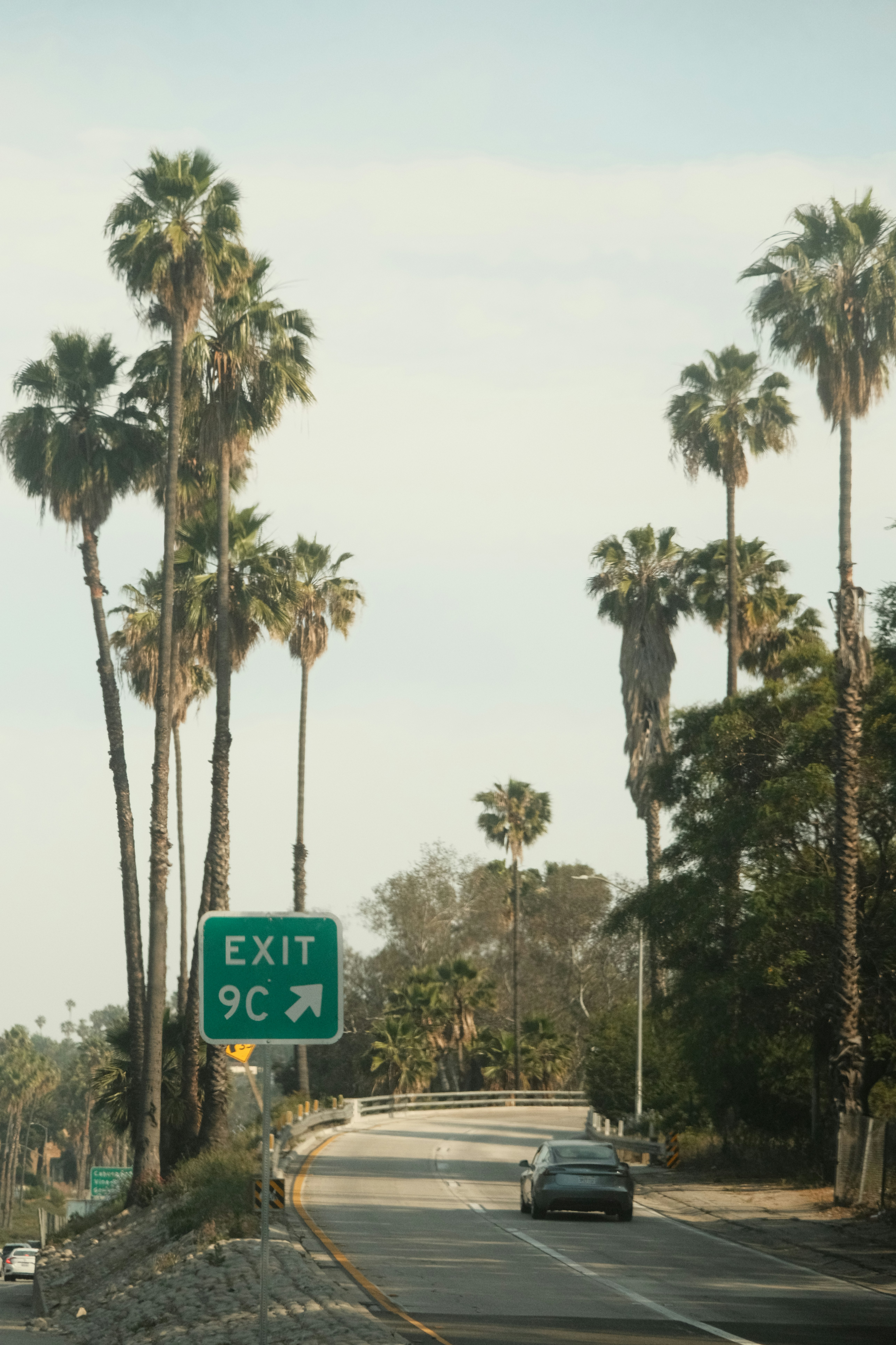 Highway scene with palm trees and exit sign.