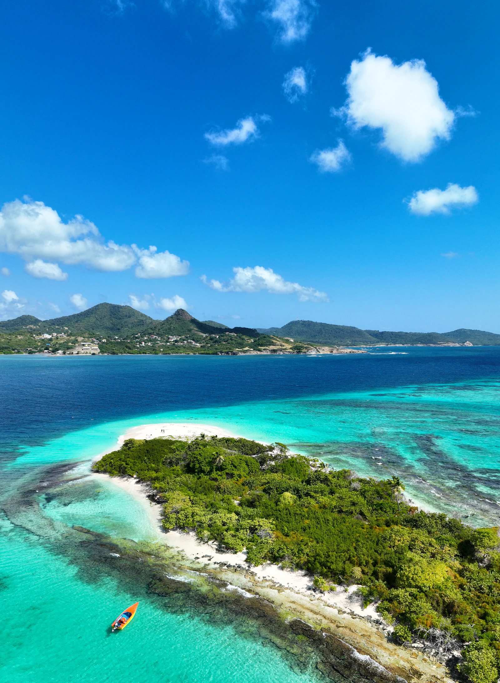 Aerial view of White Island, Carriacou, Grenada, with crystal clear turquoise Caribbean water, no people visible