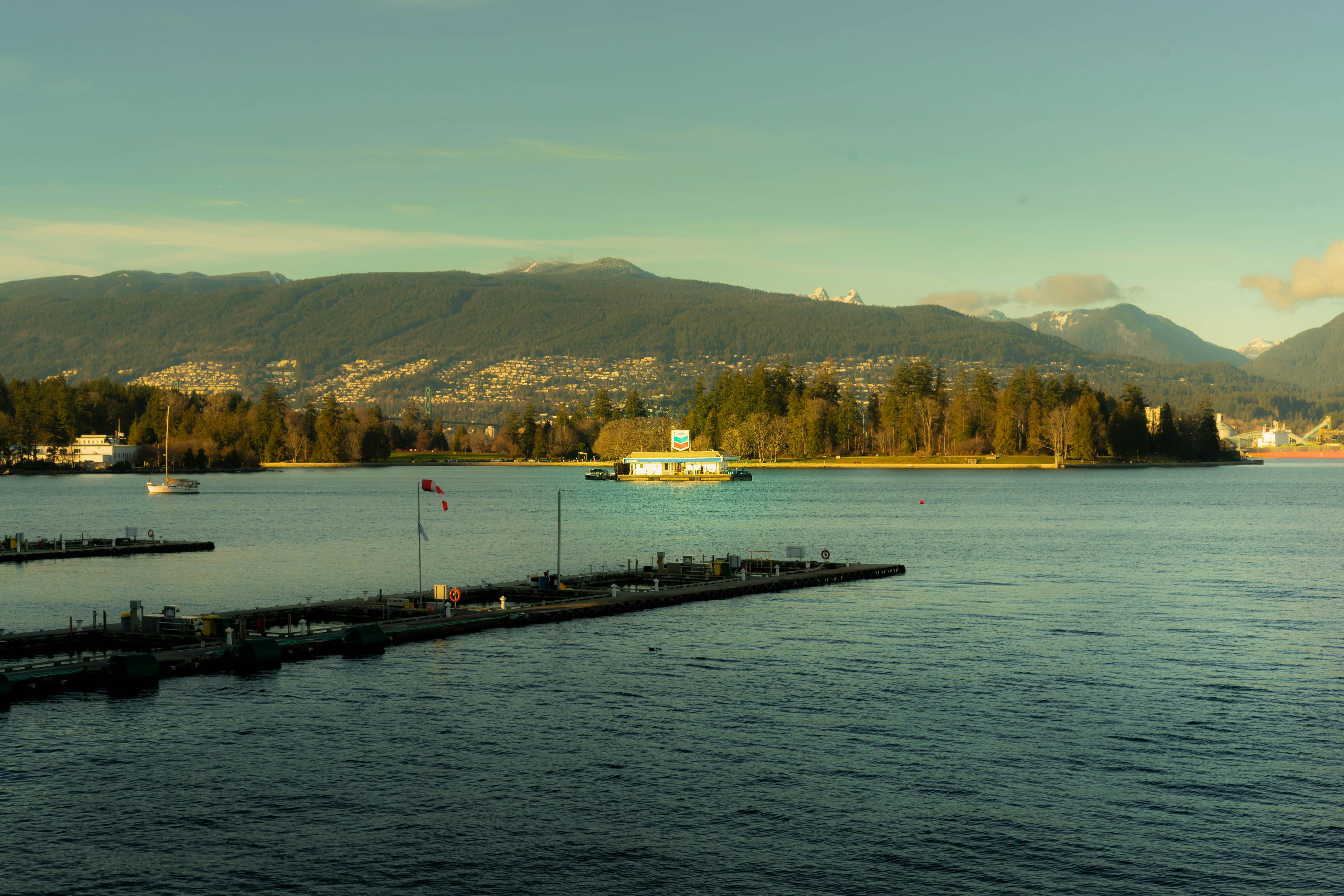 El puerto está rodeado de montañas y árboles.