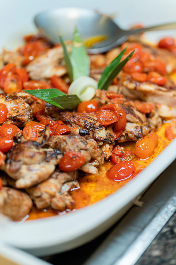 braised chicken with cherry tomatoes and basil