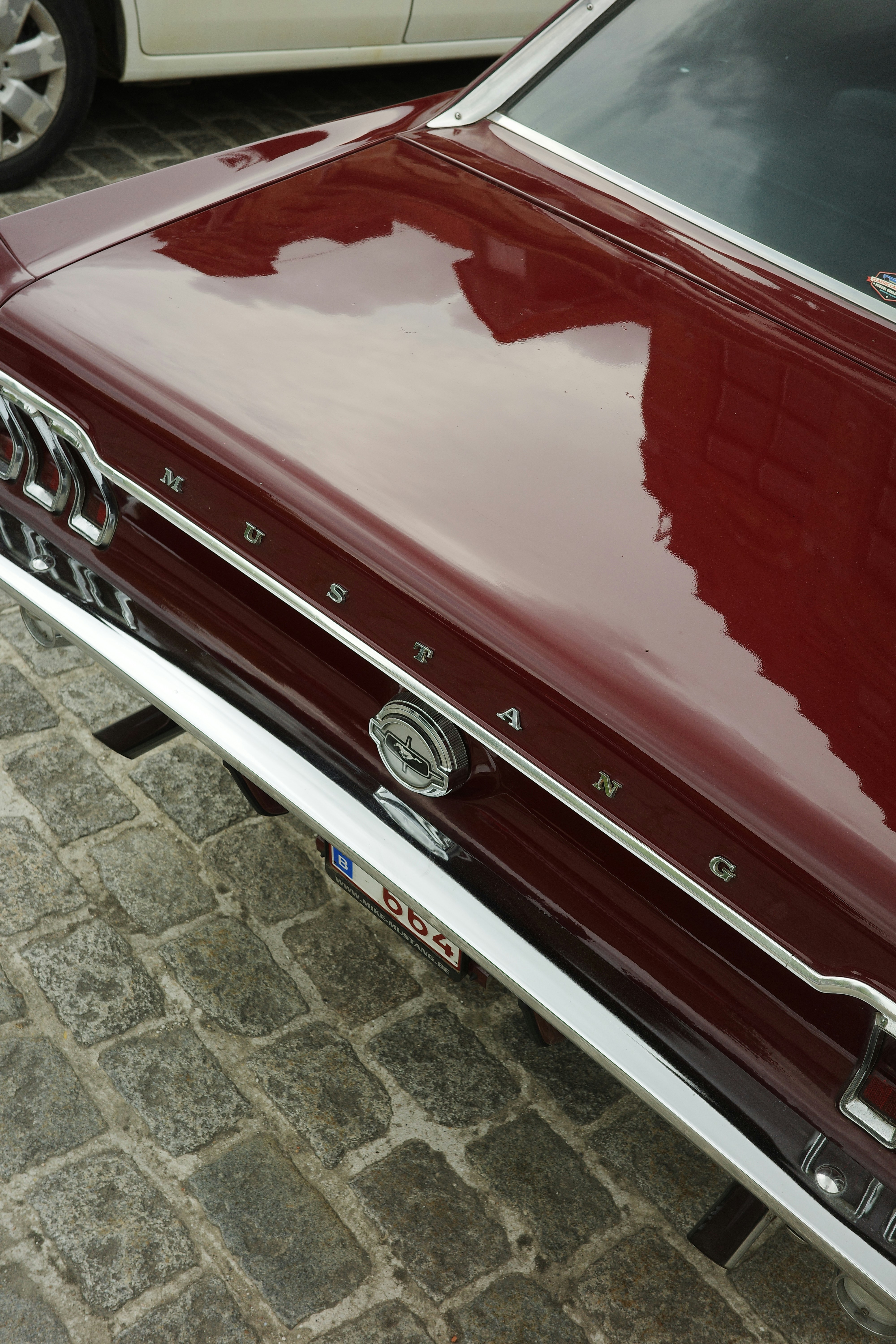 The shiny, red mustang's trunk is in view.