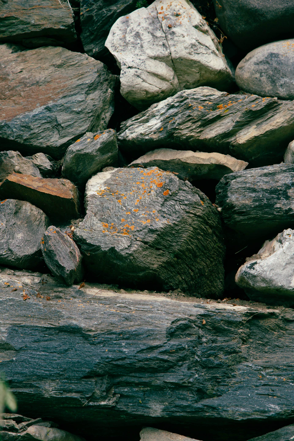 The image shows a close-up view of a rocky cliff face, with numerous large rocks and boulders scattered across it. The rocks vary in size and shape, creating a rugged and uneven terrain. Some of the rocks are covered in lichen or moss, adding a touch of green to the otherwise gray landscape. The perspective of the image is from below, looking up at the cliff face, giving a sense of scale and grandeur to the scene.