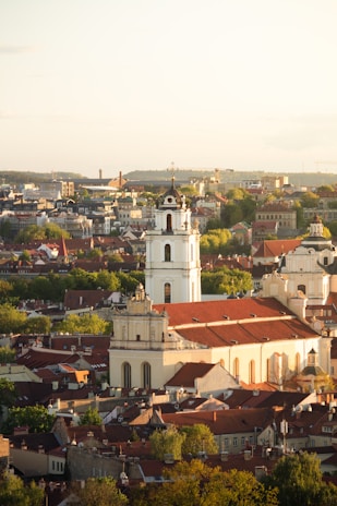 A beautiful city view with church tower.