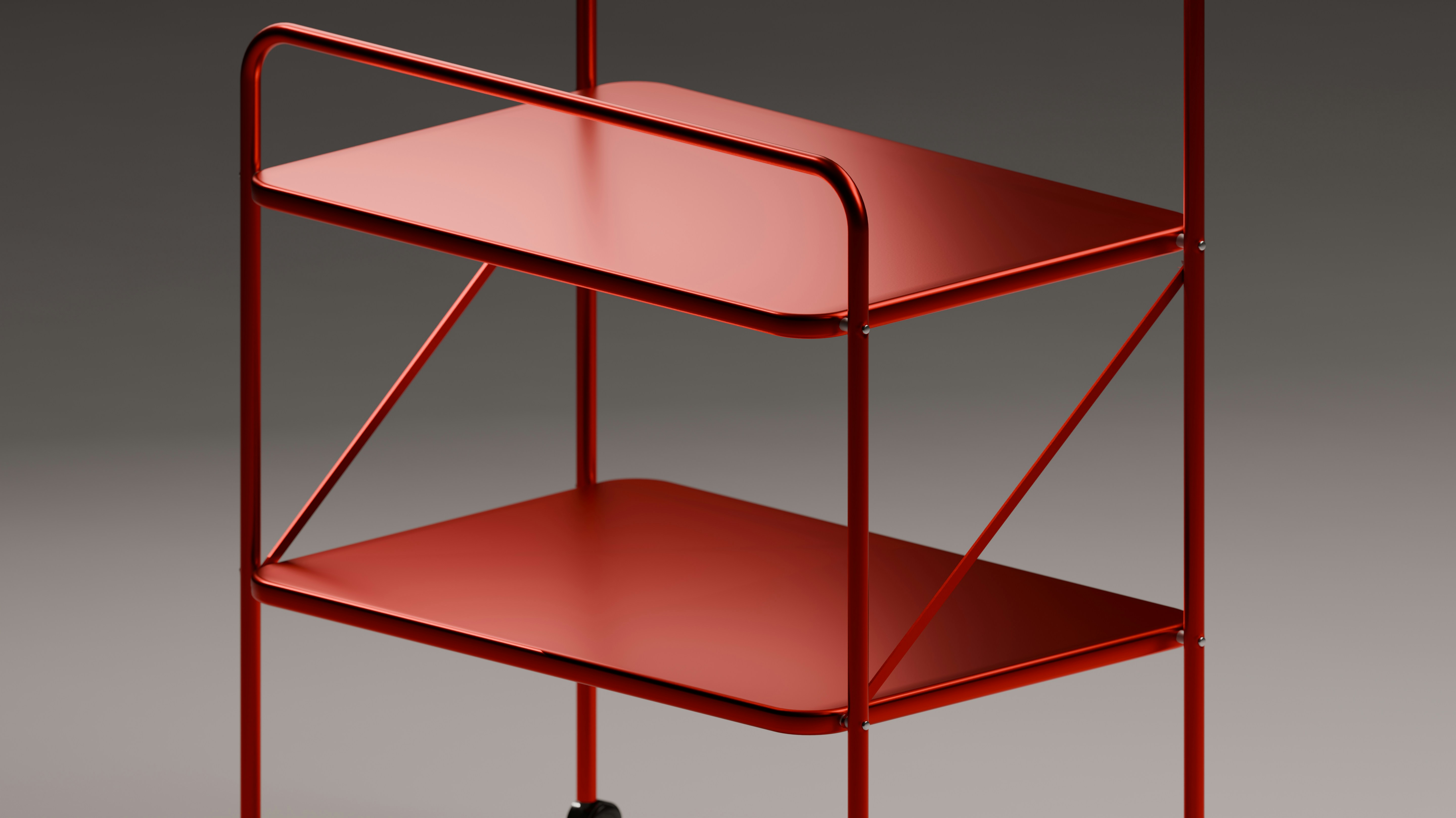 A bright red, two-tiered side table on casters, offering a stylish and versatile storage solution. Its industrial yet cheerful design is suitable for various rooms, from the kitchen to the living room, adding a pop of color and functionality.