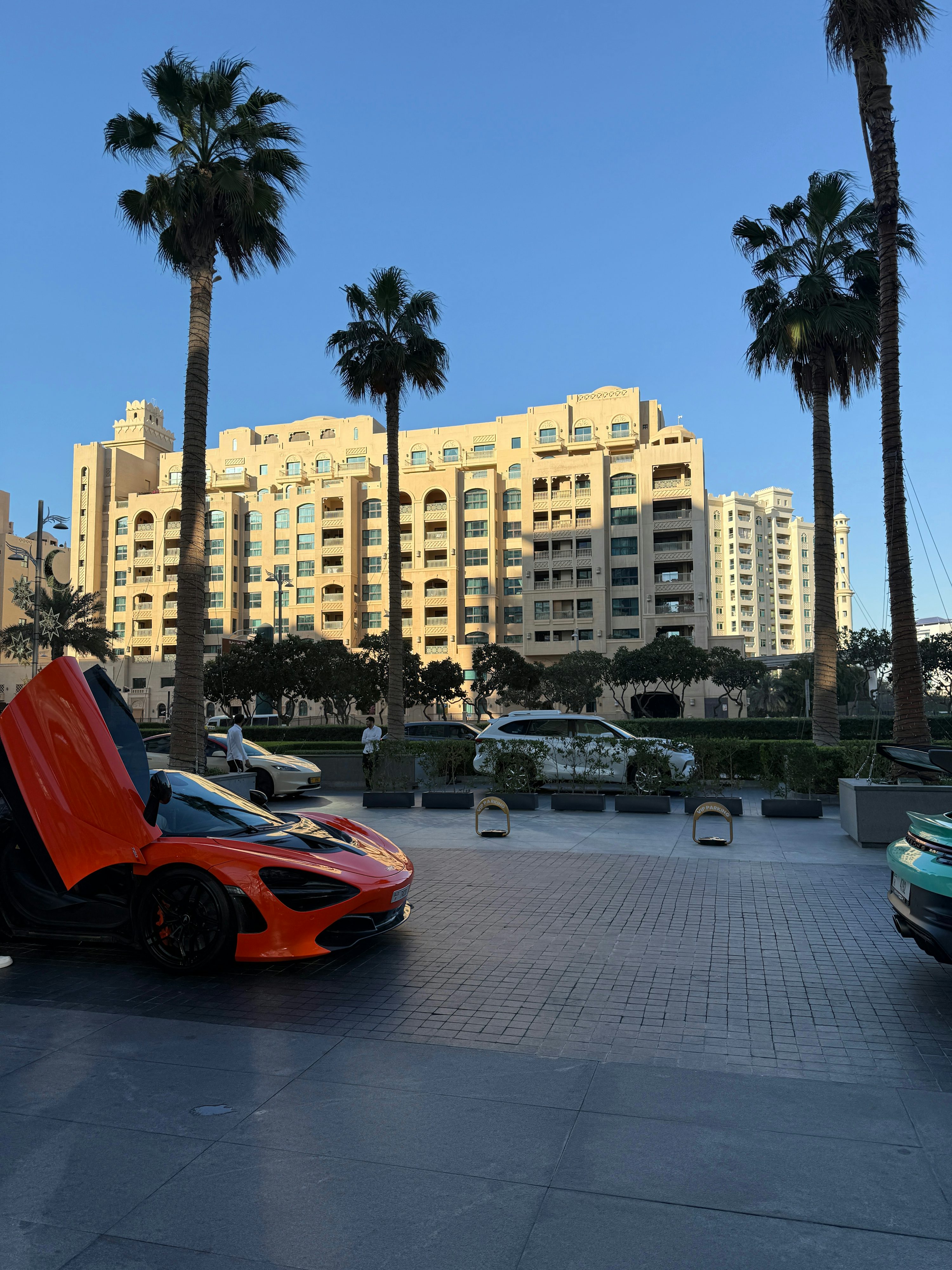 Luxury cars parked near a fancy building.
