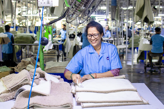 Woman artisan finishing fabric at the factory