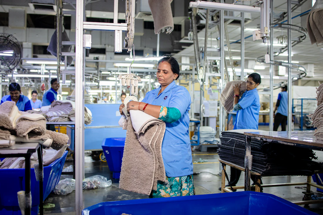 Team working together in a textile plant