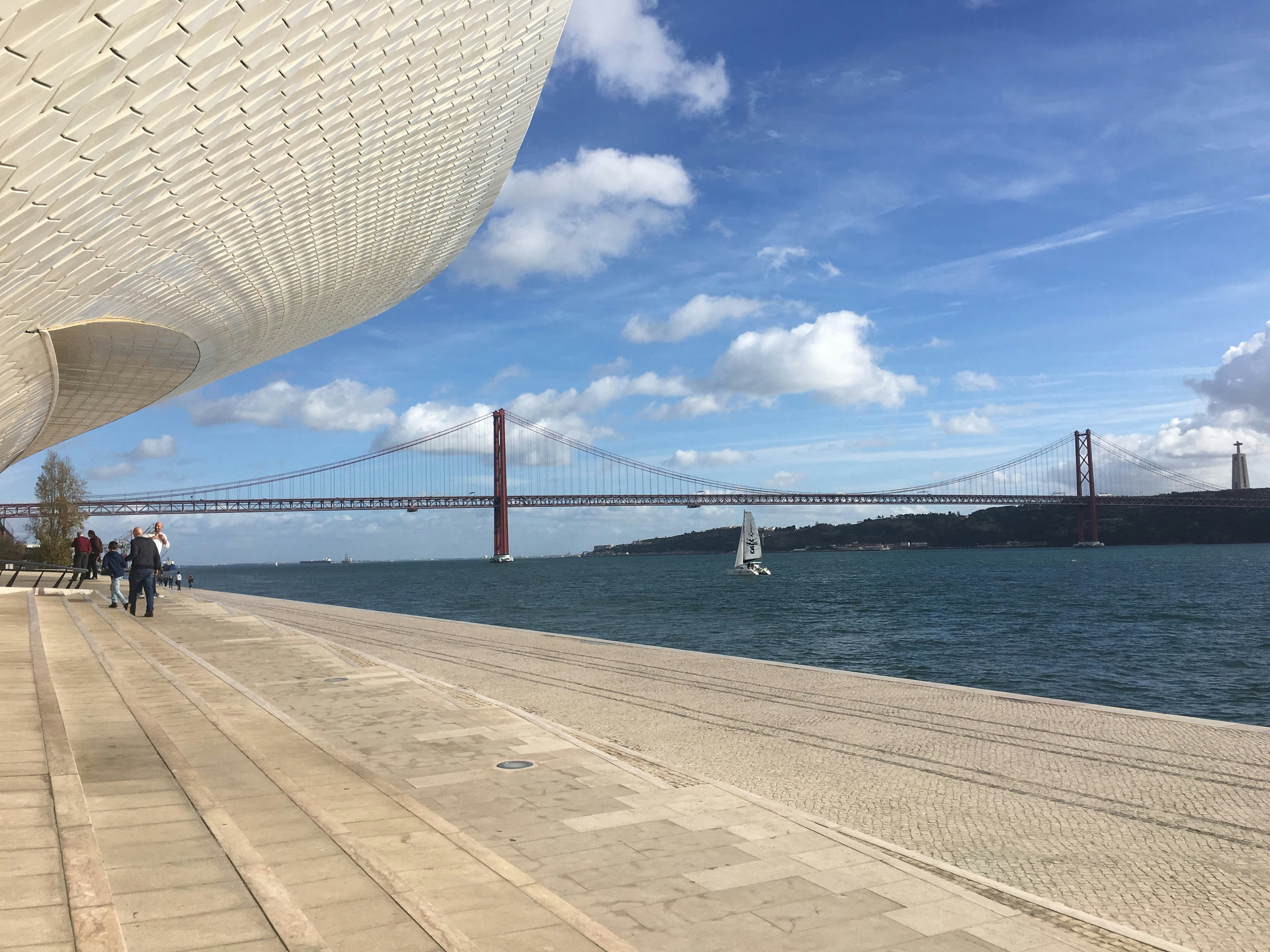 A bridge and coastal view under a blue sky.