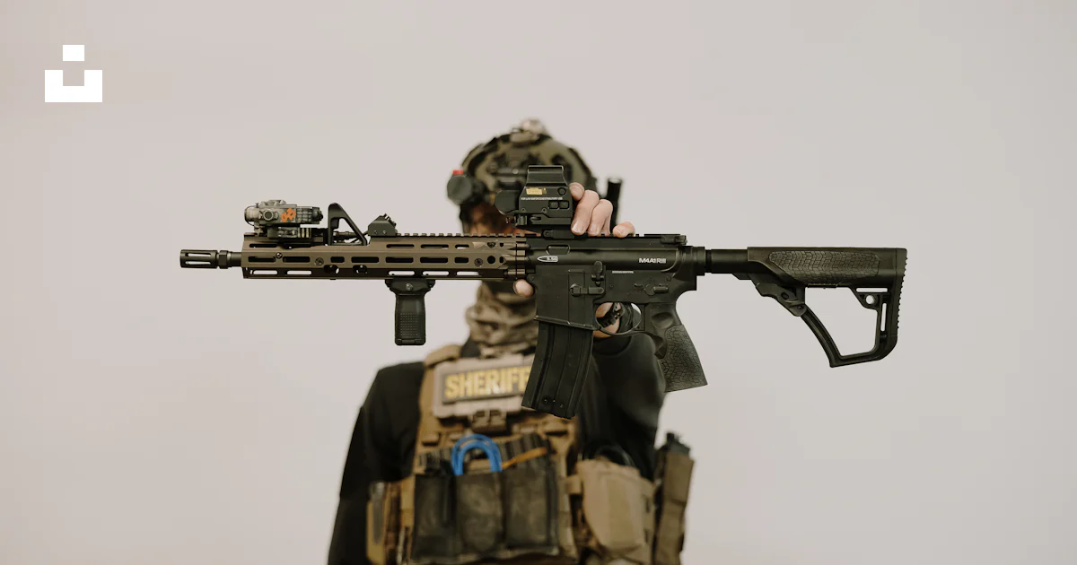 Call Rising Hand With Rifle Soldier raises an assault rifle in a shooting stance. photo – Free ...